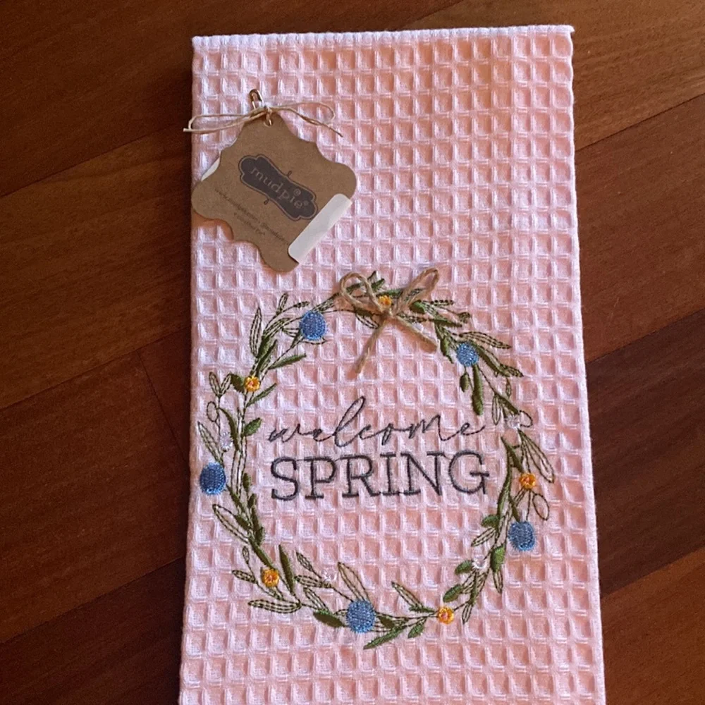 NWT Mud Pie Pink Embroidered Spring Tea Dish Towel, Spatula & Cookie Cutter